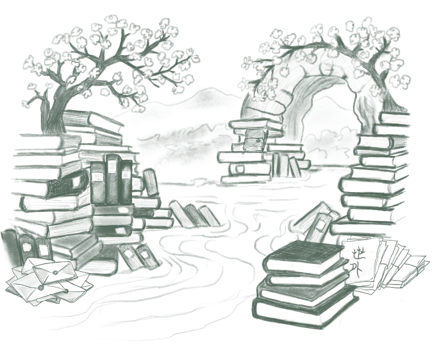 illustration de l'évocation d'une rivière avec des piles de livres à la place des rochers qui la bordent ainsi que des pêchers en fleurs